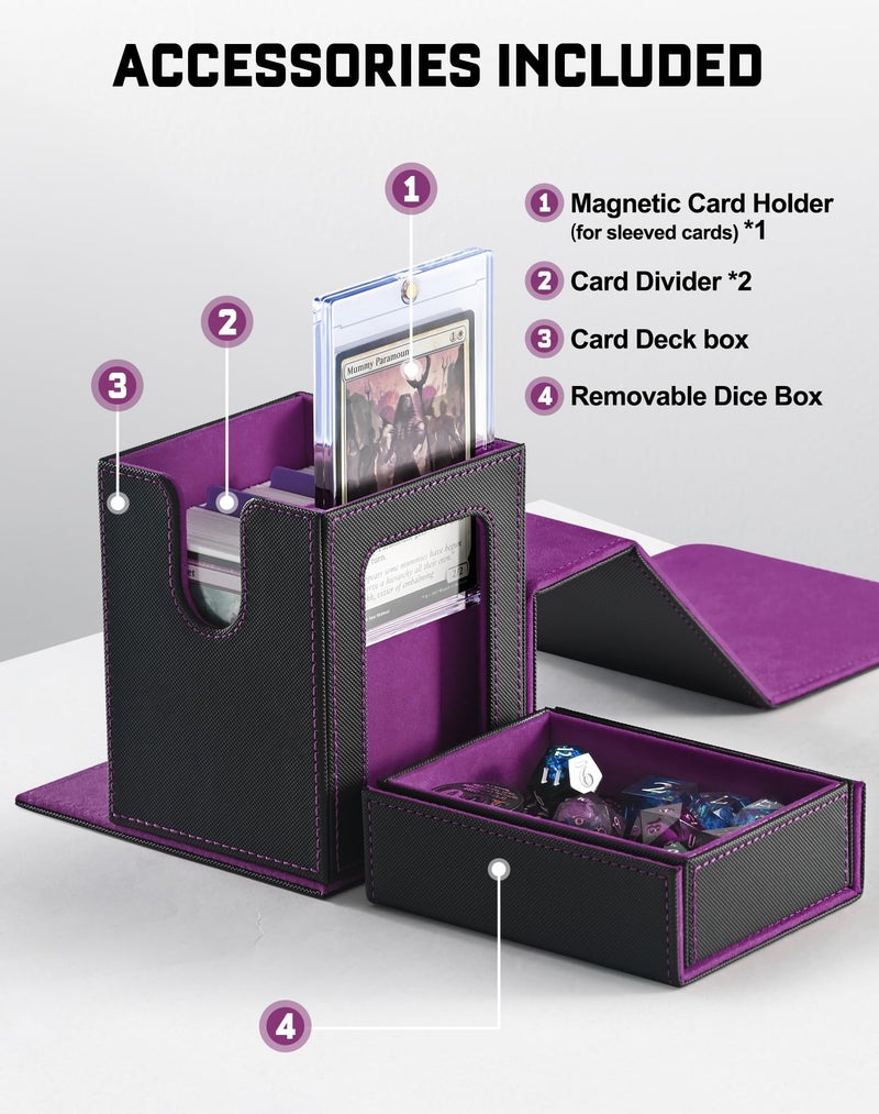 ZLCA MTG Deck Box  Commander Deck Box with Display Window  Card Deck Box Holds 100 Double-Sleeved Cards with Dice Tray & 35pt Magnetic Card Holder(Black& purple) - Image 5